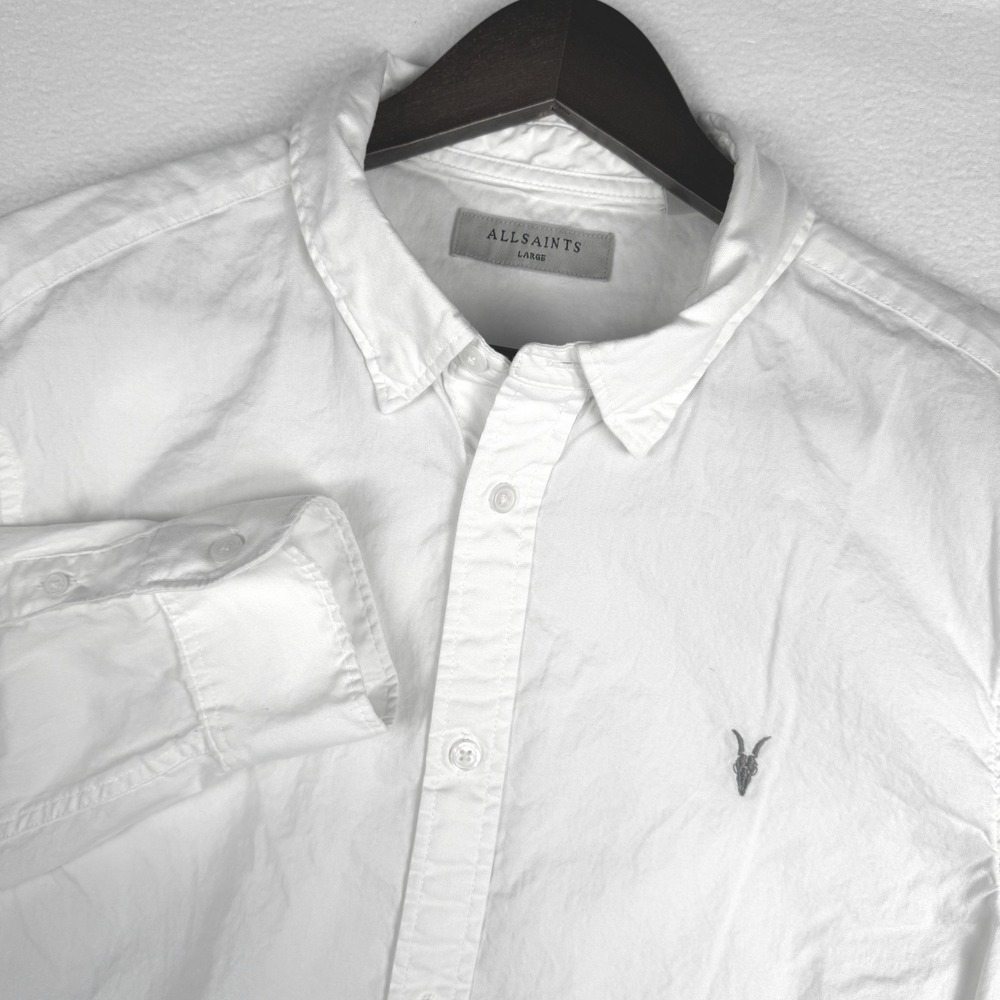 AllSaints Hawthorne LS Shirt Mens Large White Long Sleeve Ramskull Button Down